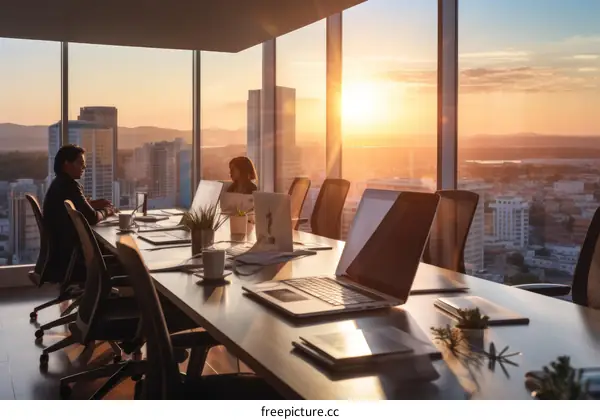 Business professionals in a modern office with a city view at sunset