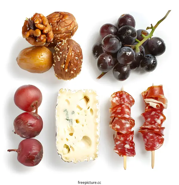 Cheese, Grapes, Salami, and Nuts on a White Background
