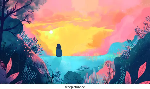 Woman Sitting on Cliff Overlooking Colorful Landscape