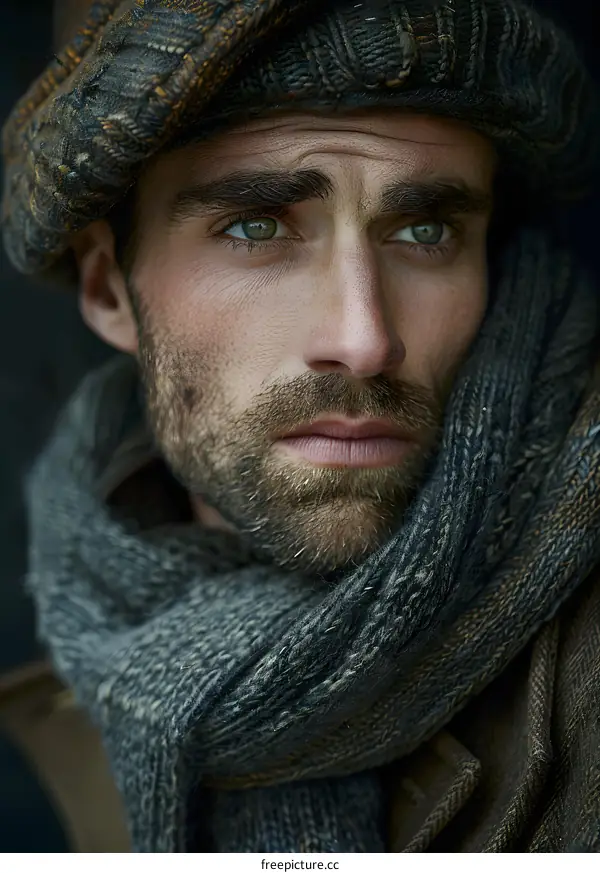 Portrait of a handsome man with green eyes and a beard wearing a brown hat and a gray scarf