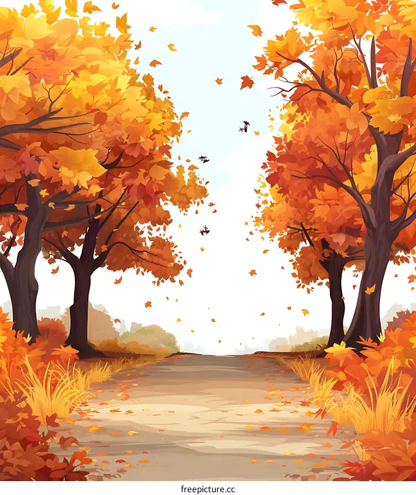 Autumn Forest Path With Falling Leaves