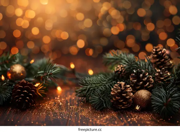 Christmas Background with Fir Branches and Adorned Pine Cones