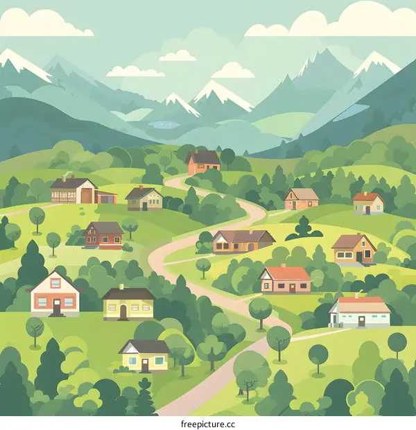 Mountain Village Landscape Illustration