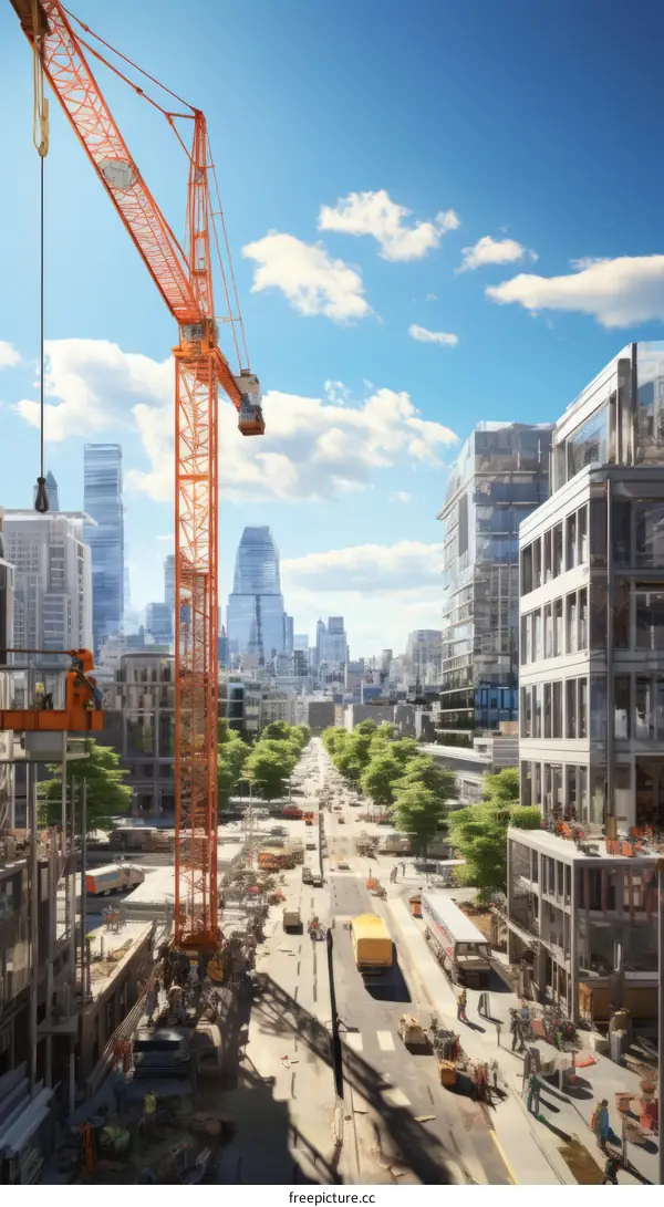 A Busy Construction Site in the City with Tower Crane and Workers
