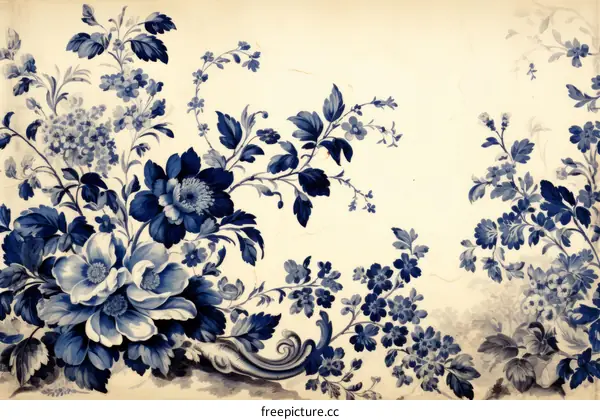 A blue and white floral pattern with large flowers and small flowers.
