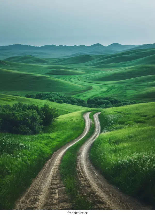 Countryside dirt road through green rolling hills