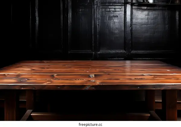 Rustic wooden table against a dark wood background