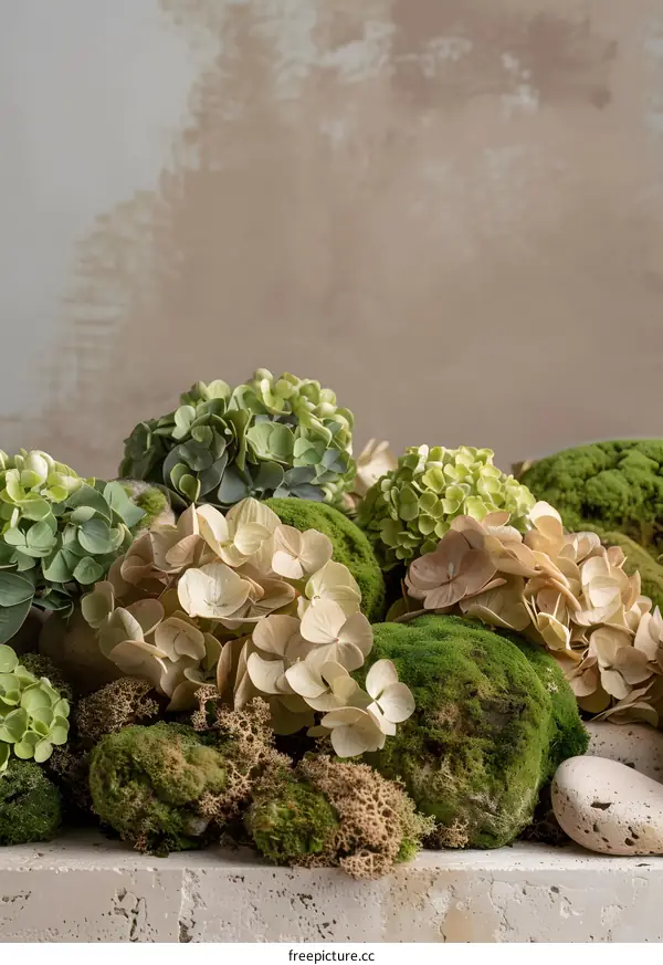 Green and White Flowers with Moss on a Stone Surface