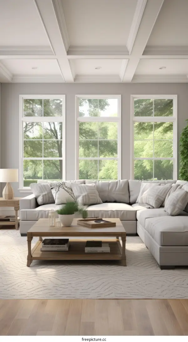 Bright living room with white sectional sofa and wood coffee table