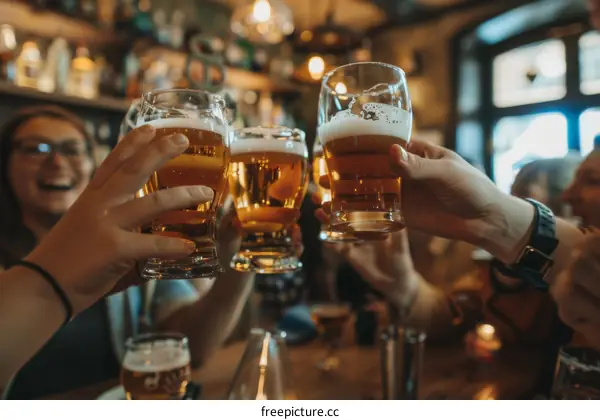 Group of friends toasting with beer glasses at a bar