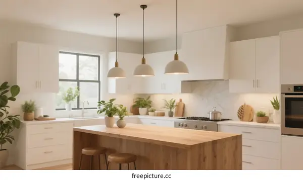 Modern bright kitchen with wooden island and pendant lights