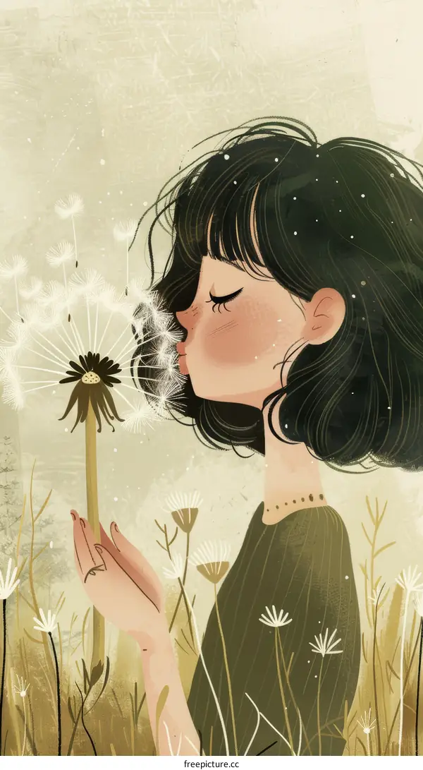 Girl Blowing Dandelion Illustration