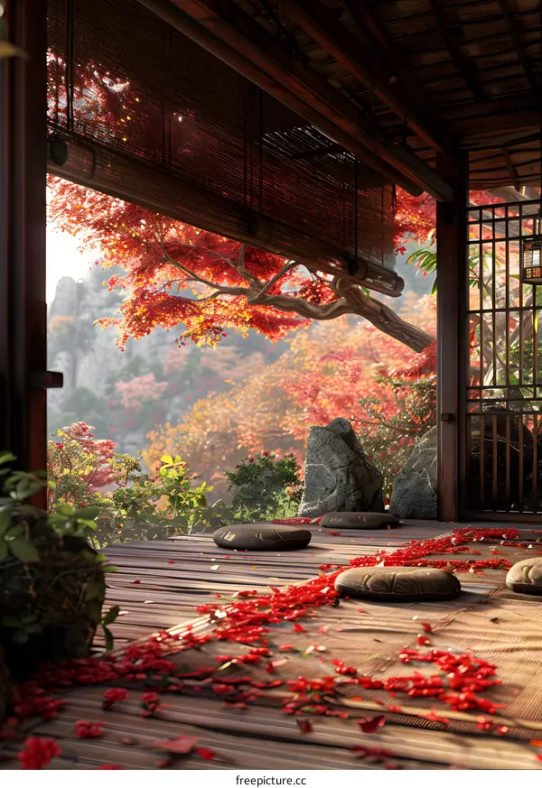 A wooden house with a view of a mountain and a red maple tree