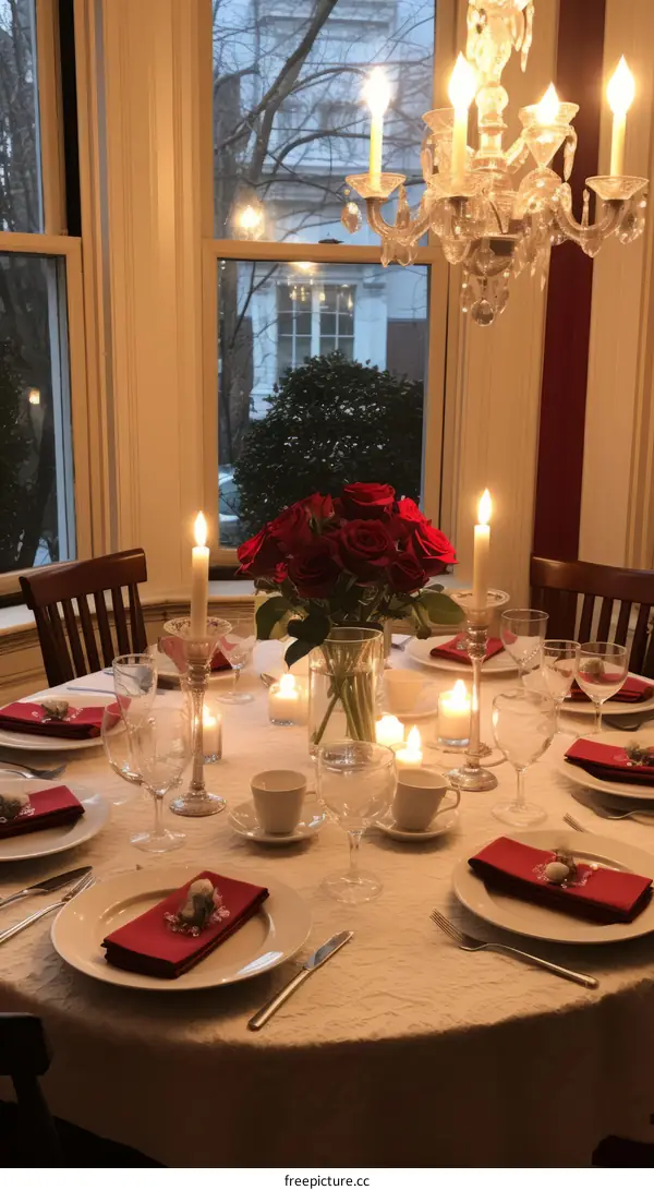 A romantic dinner table with red roses and candles