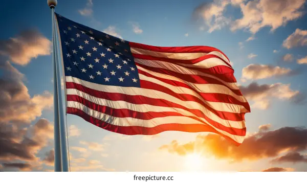 American flag waving in the wind with sunset in the background