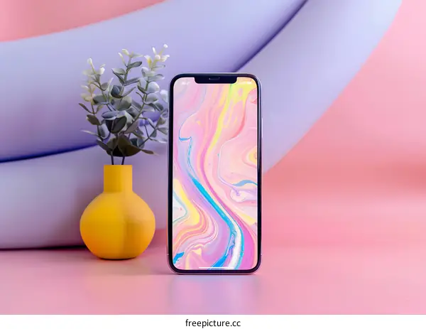 Phone With Abstract Wallpaper on Pink and Purple Background