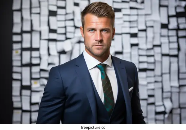 A young man in a suit and tie poses in front of a wall of paper.