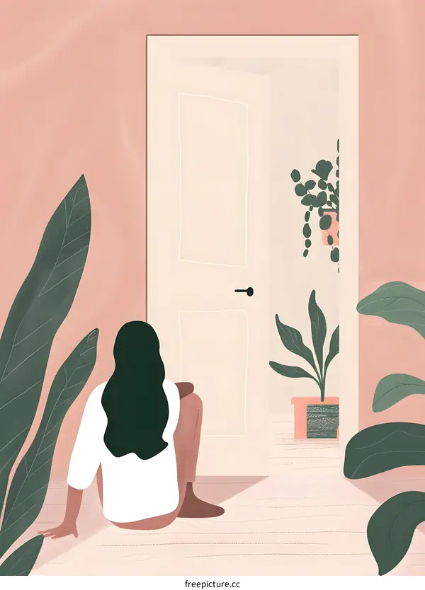 Woman Sitting by a Doorway Looking Out at Plants