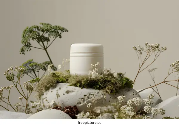 White Cream Jar On Stone And Moss