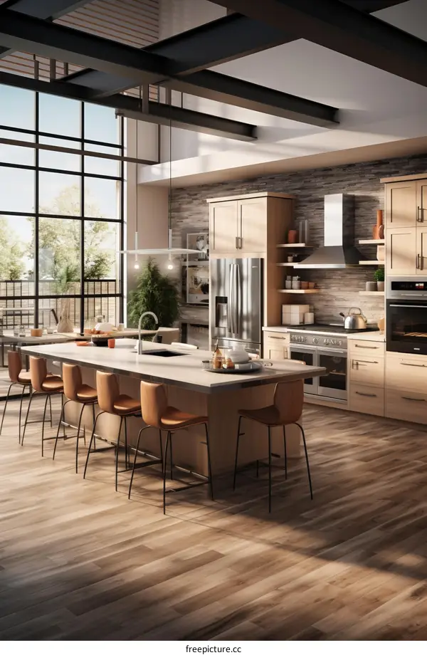 Modern kitchen with large island and stainless steel appliances