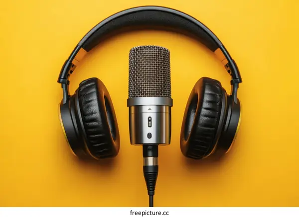 Studio Headphones and Microphone on Yellow Background