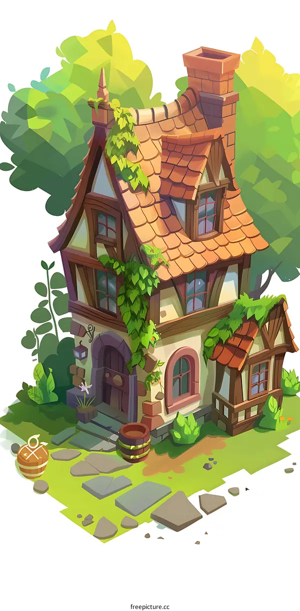 Cute Cartoon Style Illustration of a Small House with a Brown Roof and Green Vines