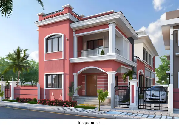 A beautiful pink house with a white fence and a gray car parked in the driveway. The house has a balcony and a garden with green plants.