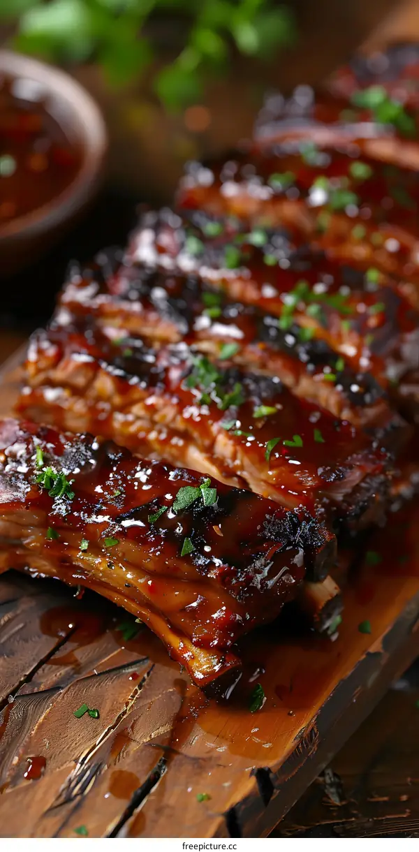 Close Up Of Glazed Ribs On Wooden Cutting Board