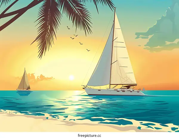 Sailing at Sunset with Palm Tree and Golden Sky