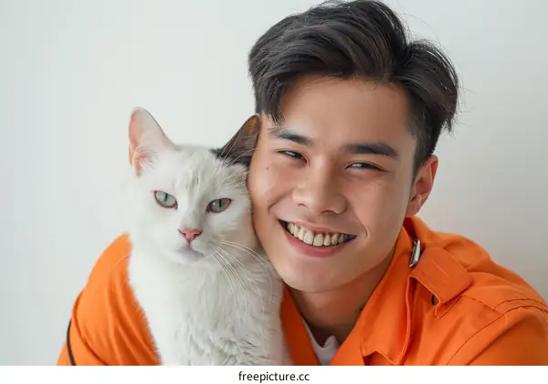 A young Asian man with a cat on his shoulder