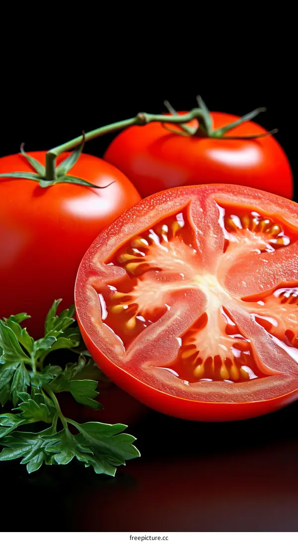 Three red ripe tomatoes with green parsley on a black background
