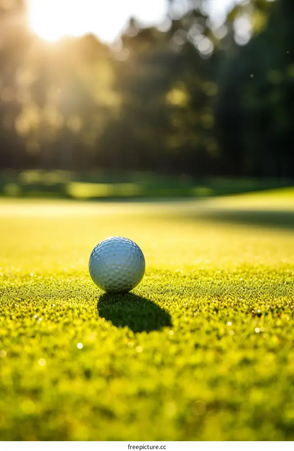 Close-up of a golf ball on a putting green with the sun rising in the background