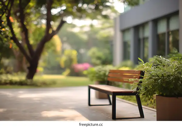 Park Bench in a Sunny Garden Setting with Blurry Background