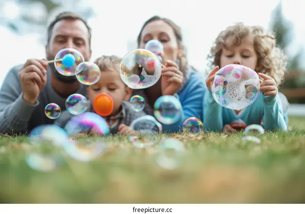 Family of four blowing bubbles in the park