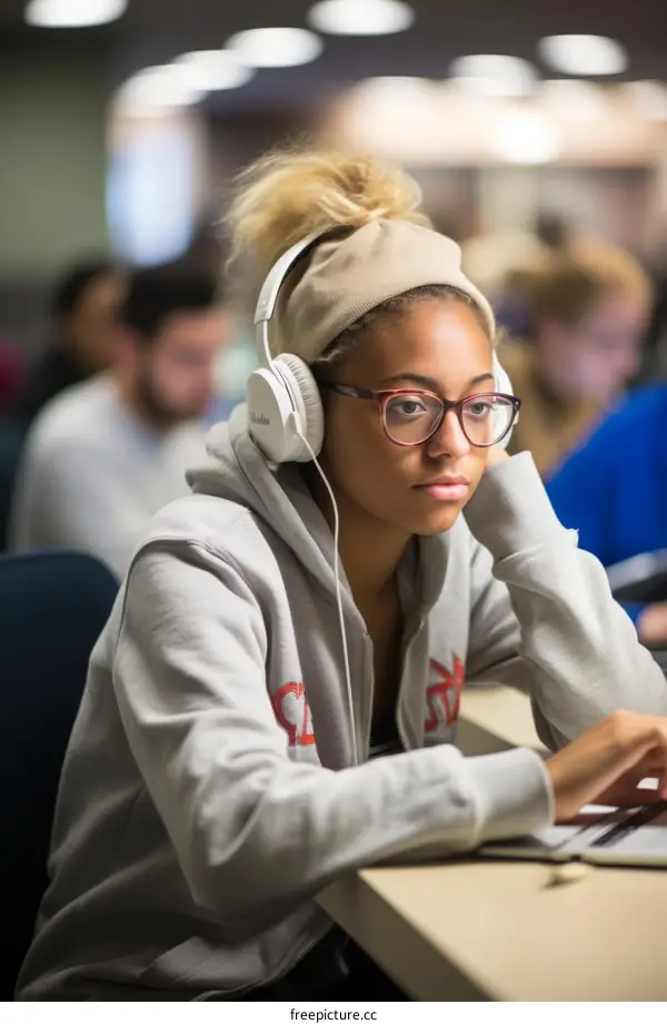 A young woman of African descent is using a laptop computer in a library.