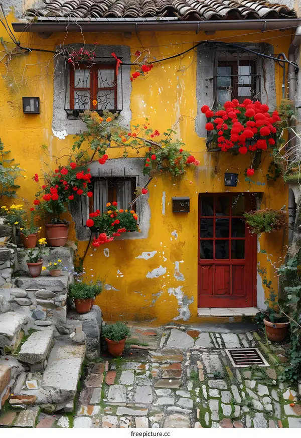 A colorful house with flowers