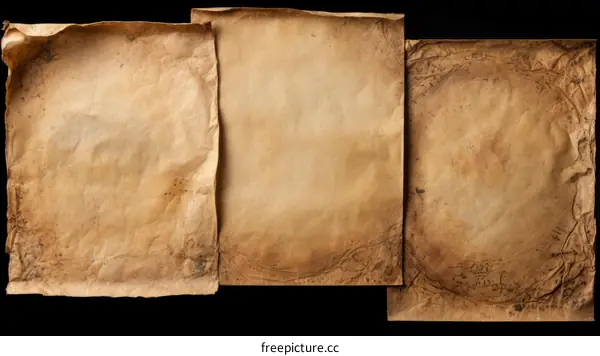 Three sheets of old paper with torn edges on a black background