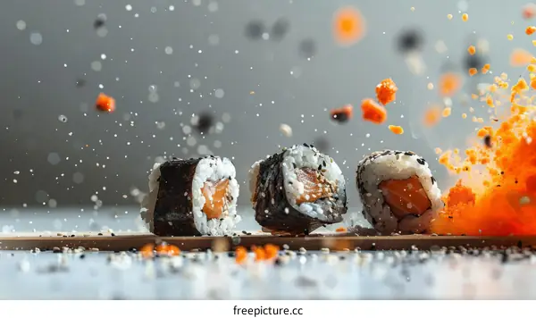 Sushi rolls with flying ingredients
