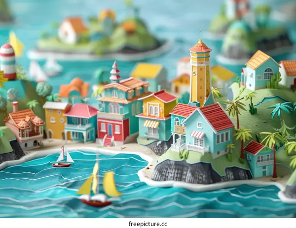 A collection of 3D rendered buildings in a tropical setting