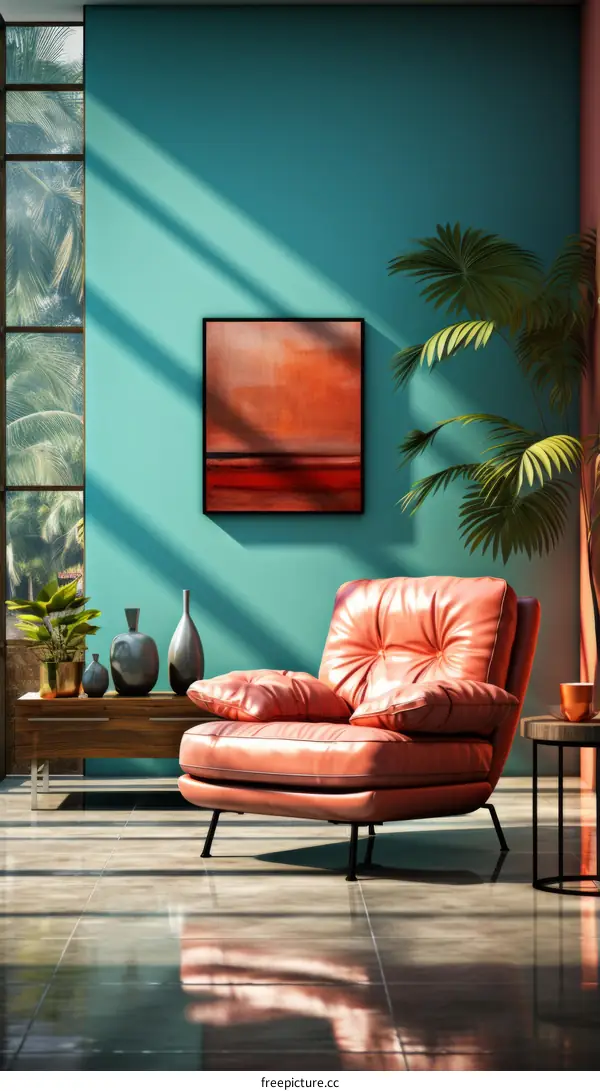 Red leather chair in a room with blue walls and a plant