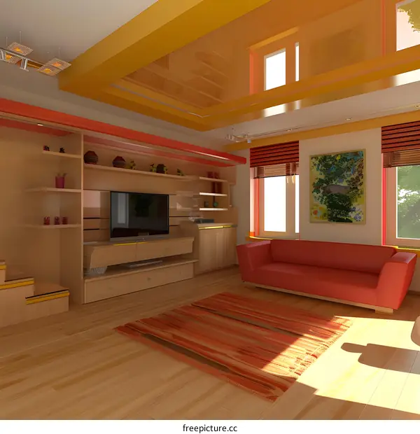 Modern Living Room Interior Design with Red Sofa and Yellow Ceiling