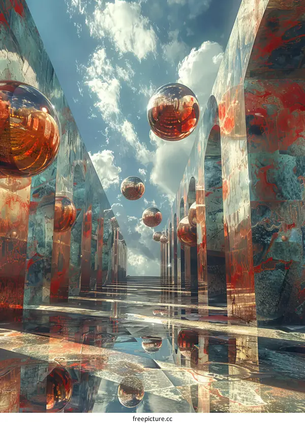 Surreal Corridor with Reflective Orbs