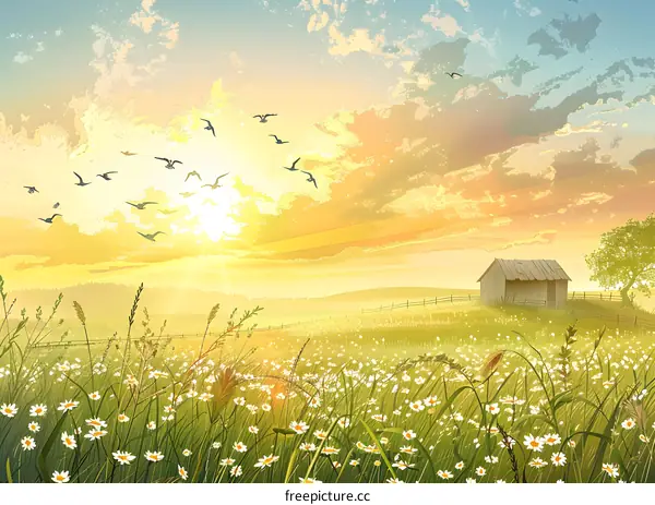 Sunrise over a Field of Daisies with a Small Cottage