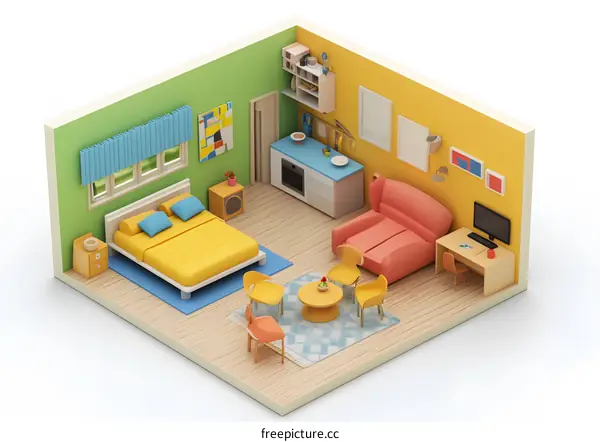 Minimalist Isometric Illustration of a Small Apartment Interior Design