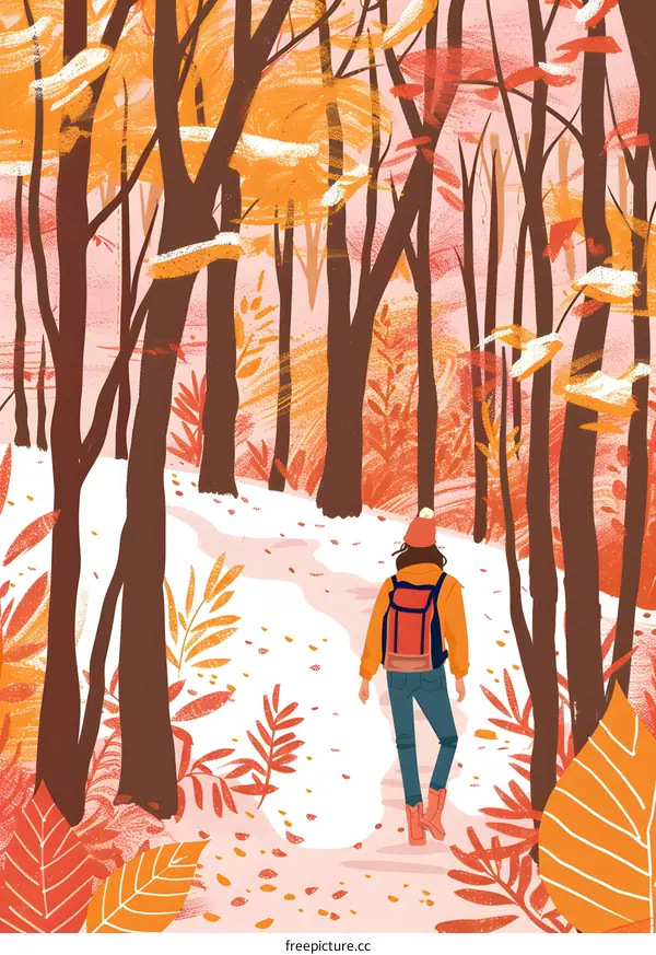 Woman Walking on Path in Autumn Forest