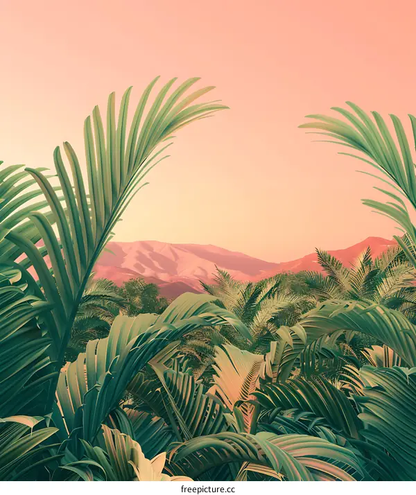Palm Trees And Pink Sunset With Mountains In Background