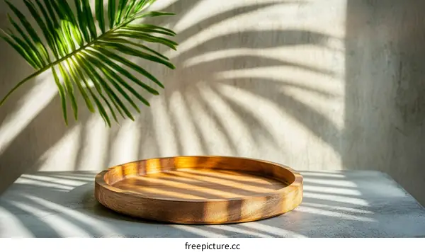 Wooden Tray Display Against Light Beige Wall with Palm Leaf Shadow