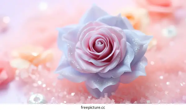 A beautiful pink rose with blue edges and a white center
