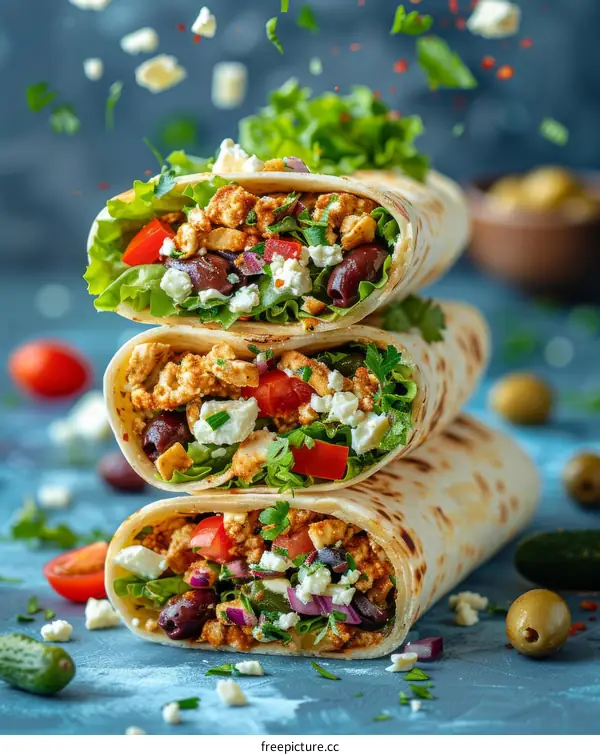 A stack of three Greek gyros with ingredients flying in the air