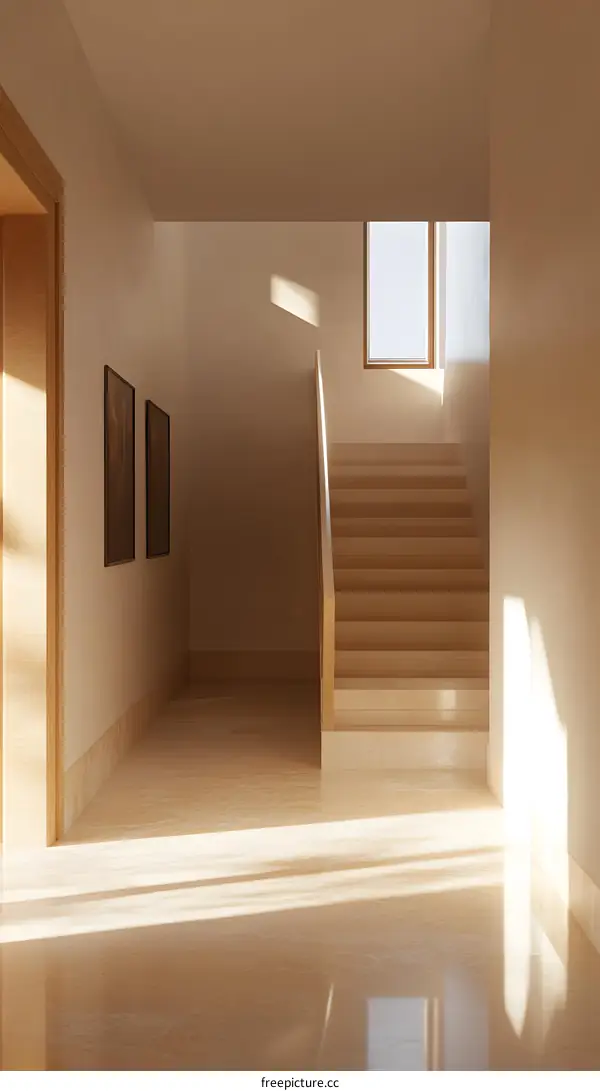 Sunlight Streaming Through Window in Modern Home Interior with Staircase
